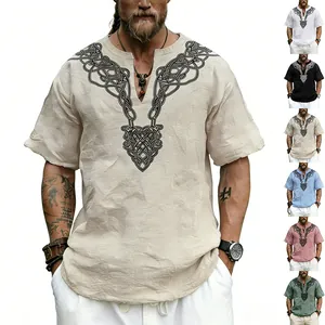 Men's retro Celtic knot V-neck T-shirt in various colors with slub linen texture