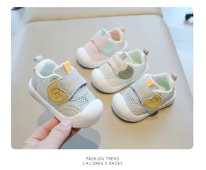 Premium breathable mesh baby walking shoes with anti-slip soft soles in pastel colors.