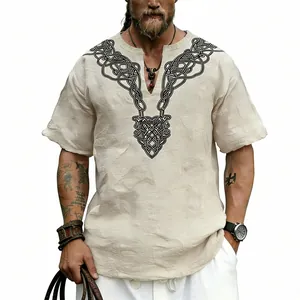 Detailed view of the Celtic knot pattern on a beige slub linen texture t-shirt