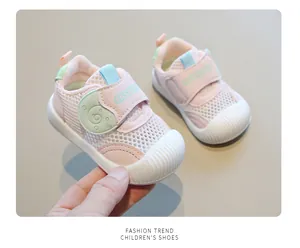 Detail view of pink breathable mesh baby walking shoes with Fashion strap.