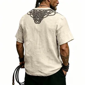 Back view of men's retro slub linen t-shirt with black Celtic knot print details
