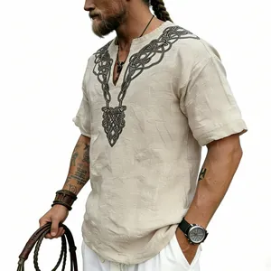 Detail view of a men's linen t-shirt featuring a retro black Celtic knot V-neck print