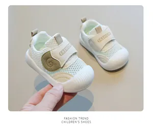 Breathable white mesh baby walking shoes with soft rubber sole for toddlers 0-2 years