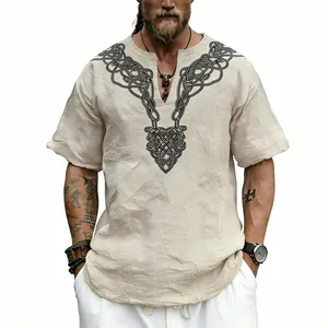 Close-up showing retro Celtic knot V-neck print on a beige bamboo linen T-shirt.