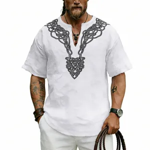 Detail of white slub linen V-neck T-shirt with black Celtic knot graphic print