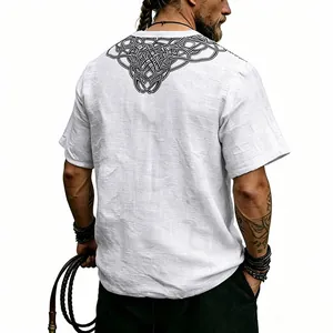 Back view of retro white slub linen t-shirt featuring detailed black Celtic knot print