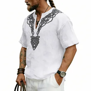 Detailed view of a white slub linen t-shirt featuring a black Celtic knot neck print