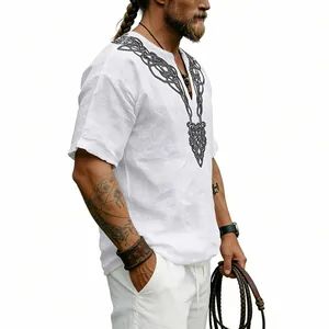 Close-up of men's retro white linen t-shirt with Celtic knot V-pattern print detail