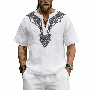 Detailed view of white linen t-shirt with vintage black Celtic knot print on the V-neck area