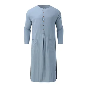Robe Kaftan Ethnique pour Hommes Col Montant Manches Longues Ample Mélange de Coton Thawb Couleur Unie Avec Poches Fentes Latérales