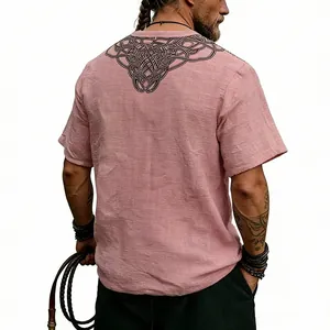Detailed back view of men's linen T-shirt featuring retro Celtic knot V-print