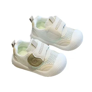 Breathable white mesh baby walking shoes with soft non-slip soles for 0-2 years old