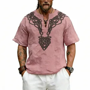 Detailed view of vintage Celtic knot print and V-neckline on pink linen blend men shirt