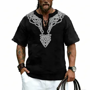 Front view detail of a black T-shirt with a white Celtic knot V-neck print design