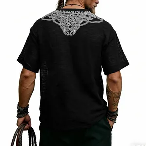 Back detail of black t-shirt with white Celtic knot print and bamboo linen texture