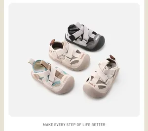 Detail view of breathable mesh toddler sandals with protective toe cap and soft sole.