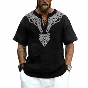 Detailed view of men's retro black slub linen T-shirt with Celtic knot V-neck