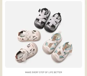 Detailed overhead view of various colors of children's mesh sandals with closed-toe design