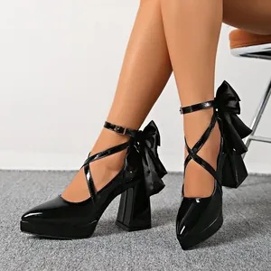 Women Pointed Toe Chunky Heel Pumps With Large Bow Cross Ankle Strap Patent Leather Platform Dress Shoes Office Party