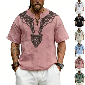 Men Vintage Celtic Knot Print Shirt V-Neck Short Sleeve Casual Breathable Polyester Bamboo Linen Texture Pullover Top Retro Fashion Shirt