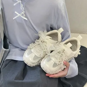 Scarpe Sportive Principessa Argento per Bambina Con Perle e Fiocco Sneaker Traspiranti in Rete Moda Casual per Bambini