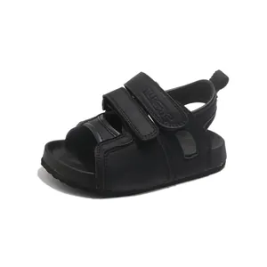 Sandali classici neri per bambini con doppio velcro e design a punta aperta