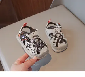 Detailed view of breathable toddler LED beach sandals featuring a cute cartoon character
