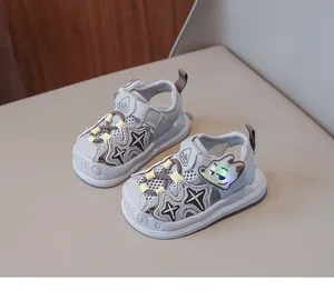 Detailed view of breathable light blue LED glowing toddler sandals with cartoon fox