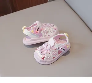 Detailed view of pink light-up toddler sandals featuring cute cartoon character design