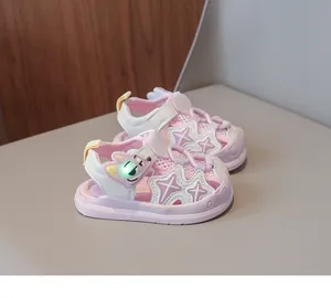Detailed macro shot of pink toddler light-up sandals featuring cute cartoon bears