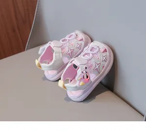 Pink LED light-up kids sandals with cartoon fox and breathable mesh detail