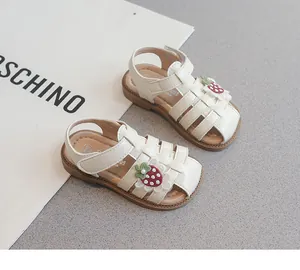 Toddler girls cream sandals with cute strawberry applique and soft anti-slip rubber soles