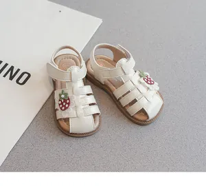 Girls cream walking sandals with cute strawberry patch and soft anti-slip rubber soles