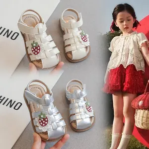 Girls Strawberry Sandals Summer New Kids Soft Sole Non-slip Beach Shoes Cute Closed Toe Baby Walking Shoes Beige Silver