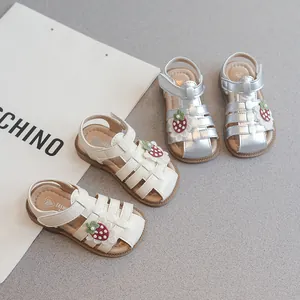 Adorable toddler girls strawberry closed-toe sandals with soft non-slip soles and velcro