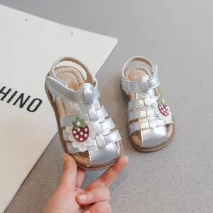Silver toddler girl summer sandals featuring strawberry patch and soft non-slip rubber sole