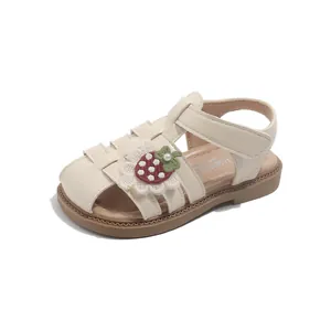 Off-white toddler girl sandals with strawberry lace applique and soft non-slip sole