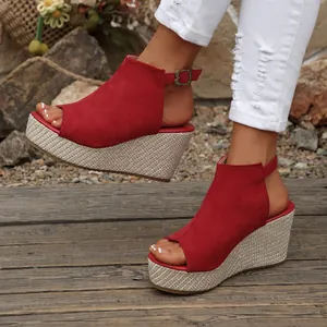 Damen Keilsandaletten Peep Toe Espadrilles Hohe Absätze Plateau Sommer Freizeitschuhe Übergröße Knöchelriemen Sandalen