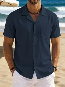Chemise homme bleu marine vintage coton lin décontractée manches courtes plage