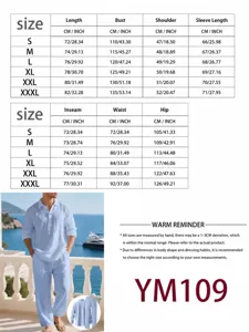 Size guide and detailed measurements for men's loose linen shirt and pants set