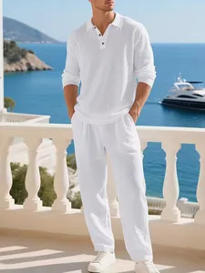 Elegant men's white linen long sleeve polo shirt and matching loose beach pants set