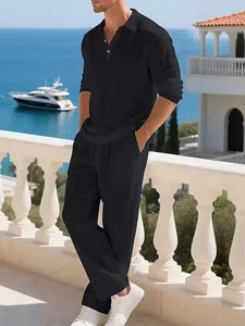 Men's black linen long sleeve polo shirt and trousers two-piece casual beach set
