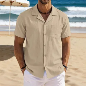 Chemise à Manches Courtes en Lin et Coton pour Hommes Coupe Ample Col Camp Avec Poche de Poitrine pour Plage Été Vacances