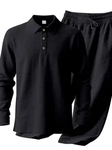 Men's black linen blend shirt and pants set with button-down collar detail.