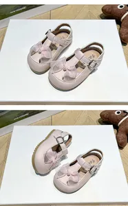 Macro detail view of pink toddler girls' sandals featuring bow and pearl embellishments