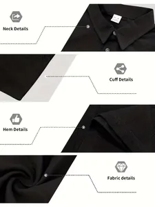 Detail view of men's black linen shirt showing neck, cuff, hem and textured fabric quality.