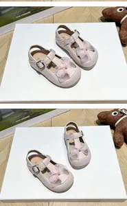 Close-up detail of pink baby girl sandals featuring mesh bows and pearl accents in a collage.