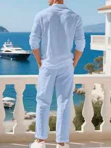 Detailed back view of men's casual light blue linen long-sleeve shirt and matching pants