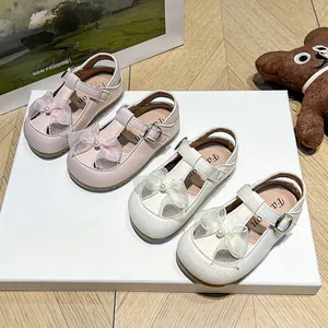 Girls Bowknot Artificial Pearl Sandals Microfiber Leather Closed Toe Beach Shoes Toddler Non-slip Daily Walking Shoes
