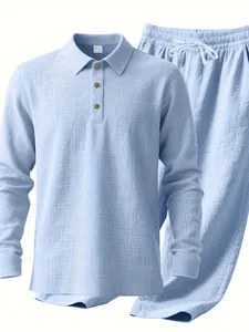 Detail of men's light blue breathable linen long-sleeved shirt and trousers set.